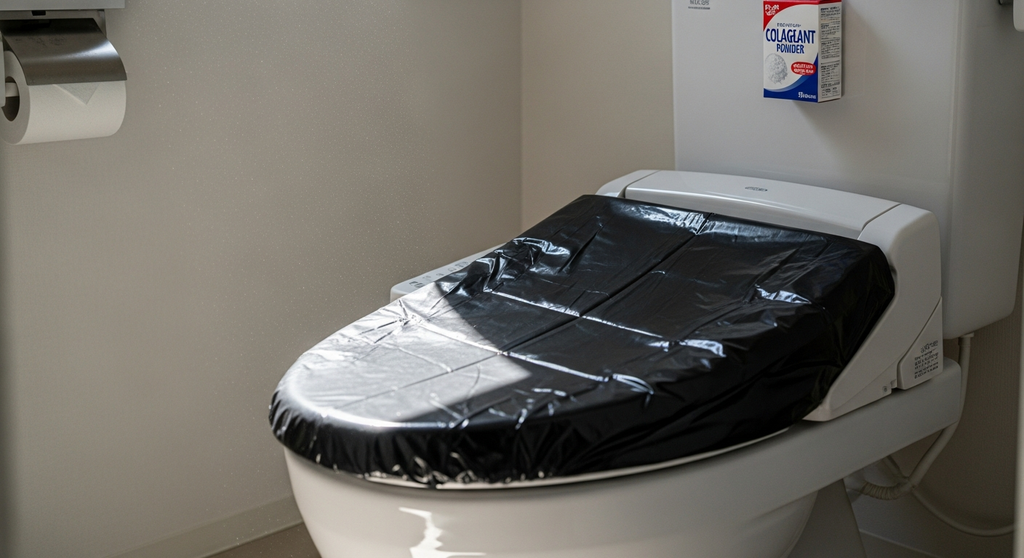 黒いゴミ袋で覆われた便器と凝固剤。差し込む日差しが埃を照らす。