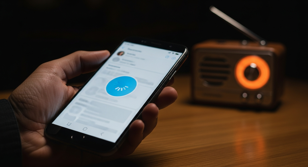 暗い部屋でスマホを見る手。画面はローディング中。奥にはラジオが光っている。